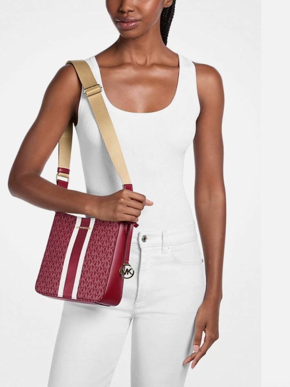 New Michael Kors Jet Set Small Signature Logo Stripe Crossbody Bag Cherry Multi - Picture 3 of 4